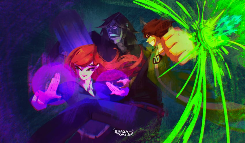 gwen tennyson, ben tennyson, kevin levin, and swampfire (ben 10 and 1 more) drawn by enagatori_38