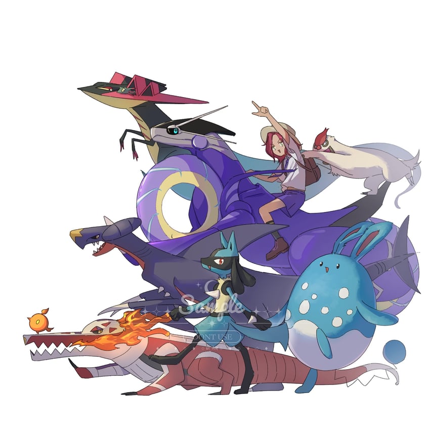 lucario, garchomp, azumarill, dragapult, miraidon, and 2 more (pokemon and 1 more) drawn by robinlovesop