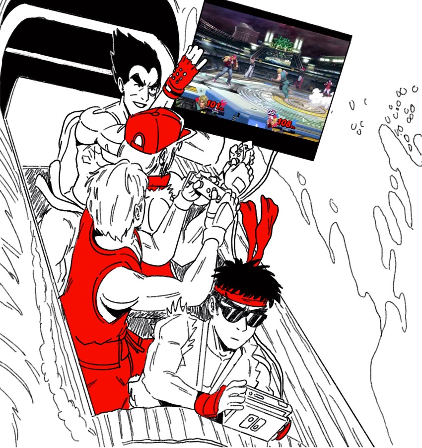 ryu, ken masters, terry bogard, asamiya athena, mishima kazuya, and 2 more (street fighter and 5 more) drawn by fuegomercury