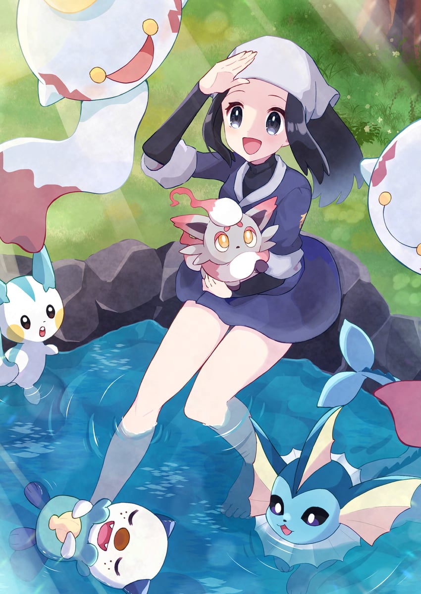 akari, vaporeon, oshawott, pachirisu, hisuian zorua, and 1 more (pokemon and 1 more) drawn by haru_(haruxxe)
