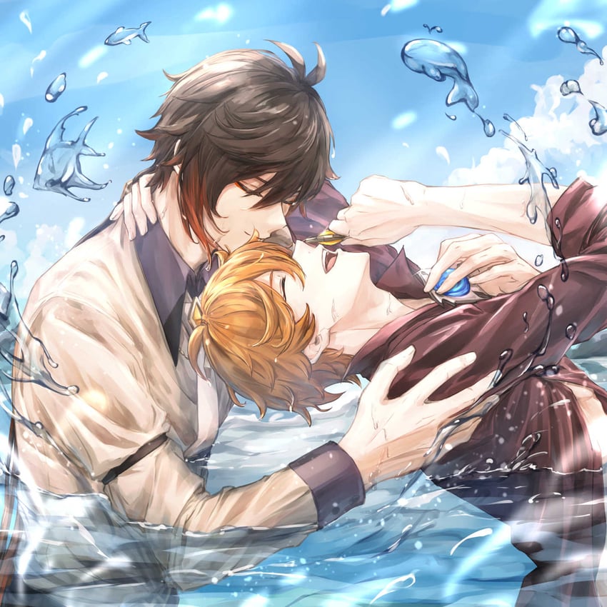 zhongli and tartaglia (genshin impact) drawn by fuyuni0307