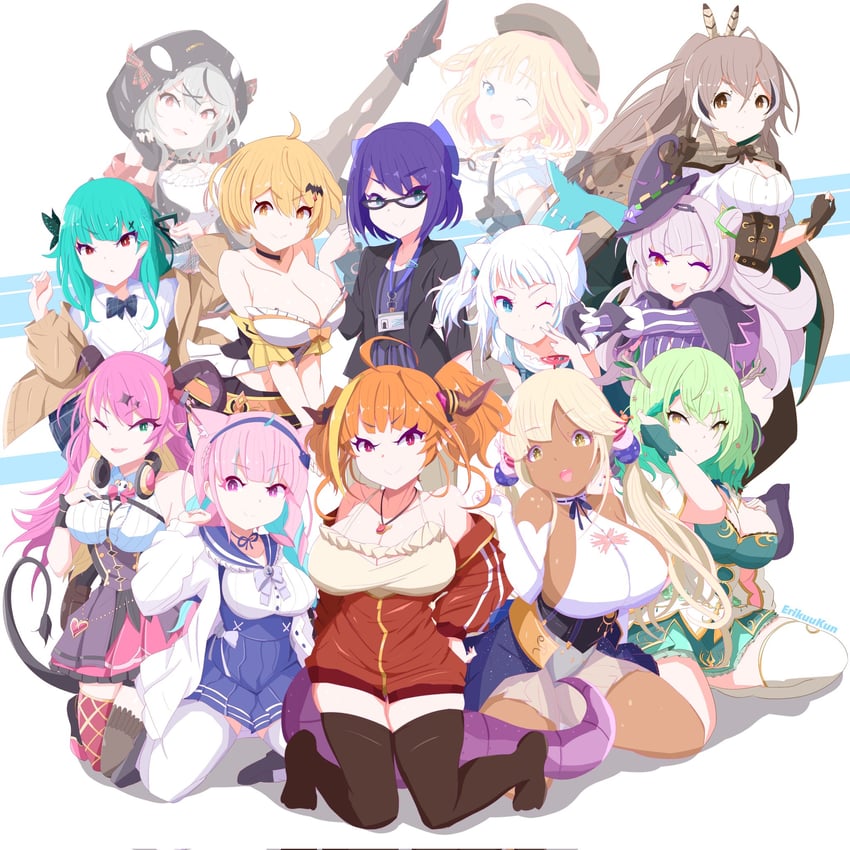 gawr gura, nanashi mumei, minato aqua, watson amelia, sakamata chloe, and 8 more (hololive and 1 more) drawn by erikuukun