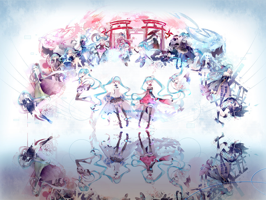 hatsune miku, black rock shooter, yuki miku, and sakura miku (vocaloid and 18 more) drawn by mamenomoto