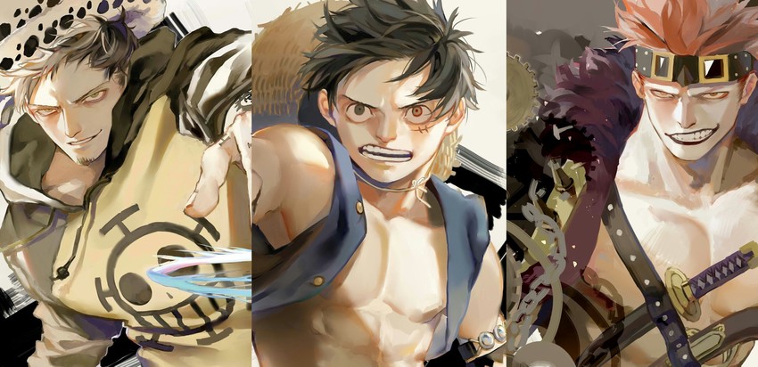 monkey d. luffy, trafalgar law, and eustass kid (one piece) drawn by linrereren
