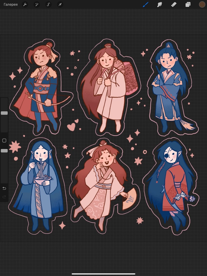 xie lian, hua cheng, shi qingxuan, mu qing, feng xin, and 1 more (tianguan cifu) drawn by yaroslava_murashko