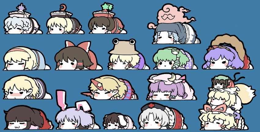 hakurei reimu, kochiya sanae, alice margatroid, patchouli knowledge, yakumo yukari, and 14 more (touhou) drawn by ume_(noraneko)