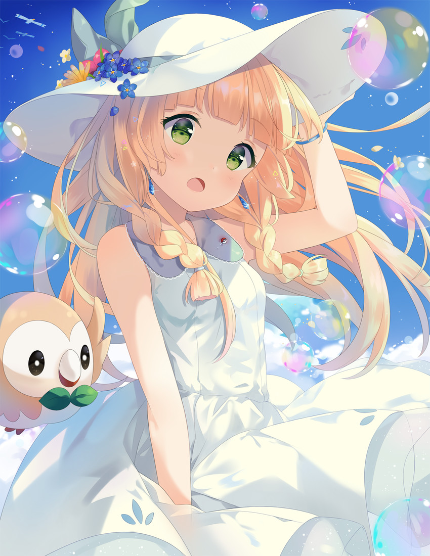 lillie and rowlet (pokemon and 1 more) drawn by hitsukuya