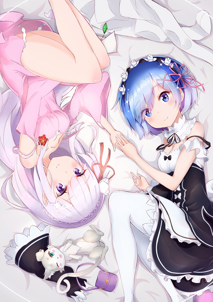 rem, emilia, and puck (re:zero kara hajimeru isekai seikatsu) drawn by sylphine