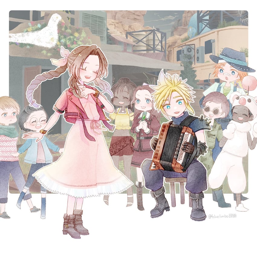 cloud strife, aerith gainsborough, moogle, chocobo billy, moggie, and 3 more (final fantasy and 3 more) drawn by bluelimbo8888