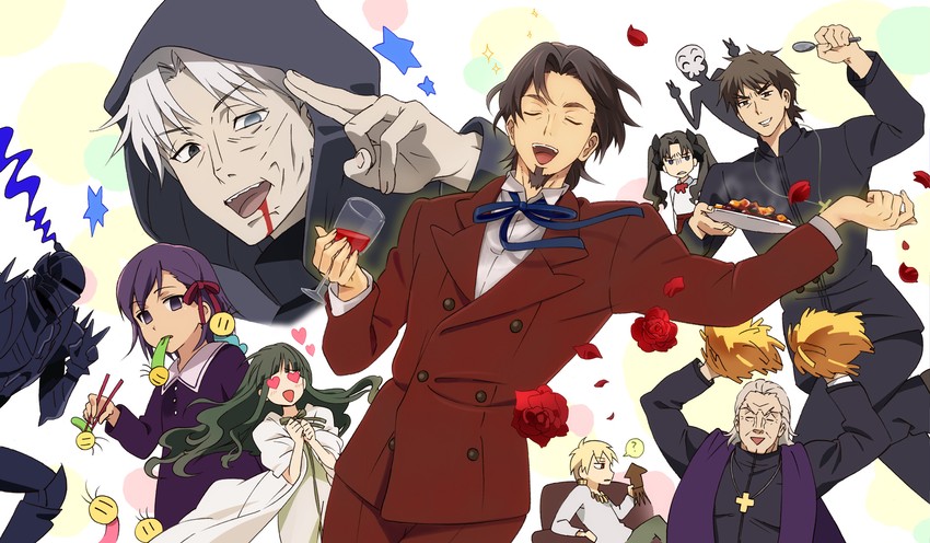 tohsaka rin, matou sakura, kotomine kirei, matou kariya, tohsaka tokiomi, and 5 more (fate and 1 more) drawn by umishima_senbon