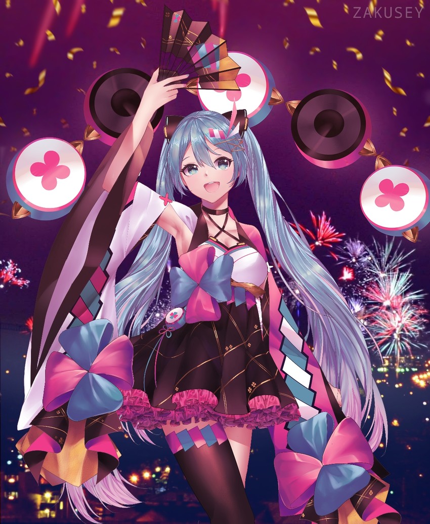 hatsune miku and magical mirai miku (vocaloid and 1 more) drawn by zakusey