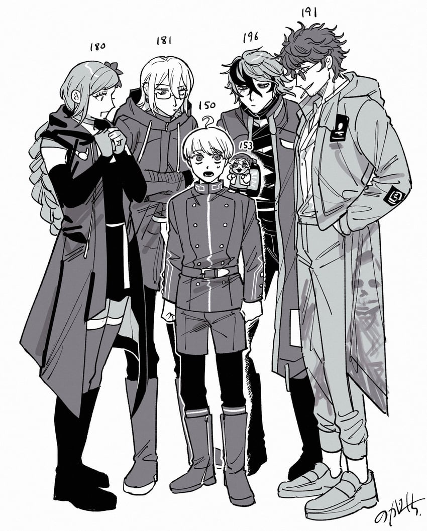 yuma kokohead, halara nightmare, vivia twilight, desuhiko thunderbolt, yakou furio, and 1 more (master detective archives: rain code) drawn by nogamichi