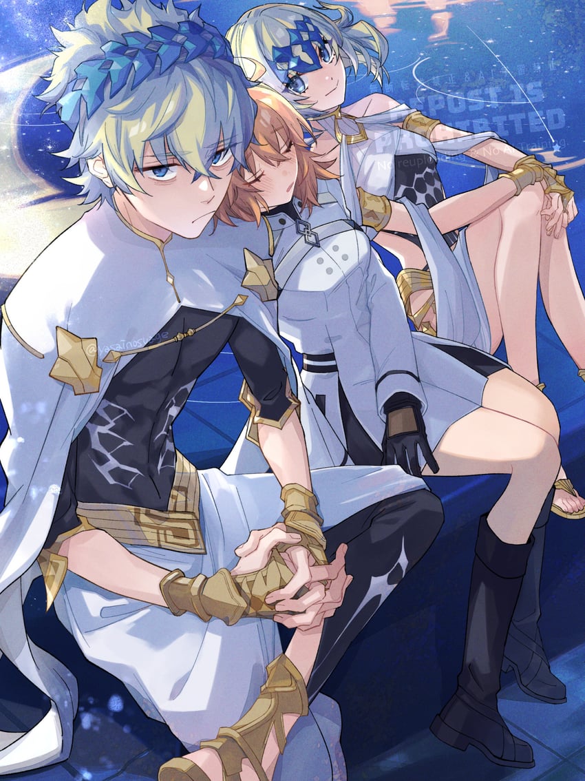 fujimaru ritsuka, pollux, and castor (fate and 1 more) drawn by kajijii
