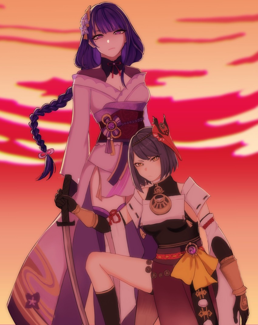 raiden shogun and kujou sara (genshin impact) drawn by el0isaa