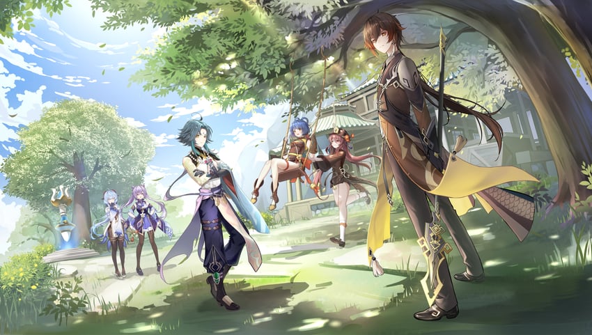 ganyu, hu tao, zhongli, keqing, xiao, and 1 more (genshin impact) drawn by morimori_(14292311)