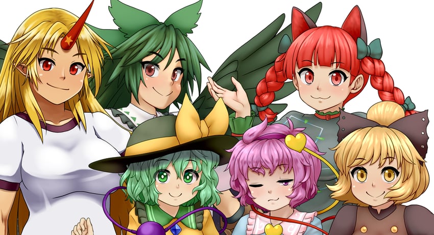 komeiji koishi, komeiji satori, kaenbyou rin, reiuji utsuho, hoshiguma yuugi, and 1 more (touhou and 1 more) drawn by d.koutya