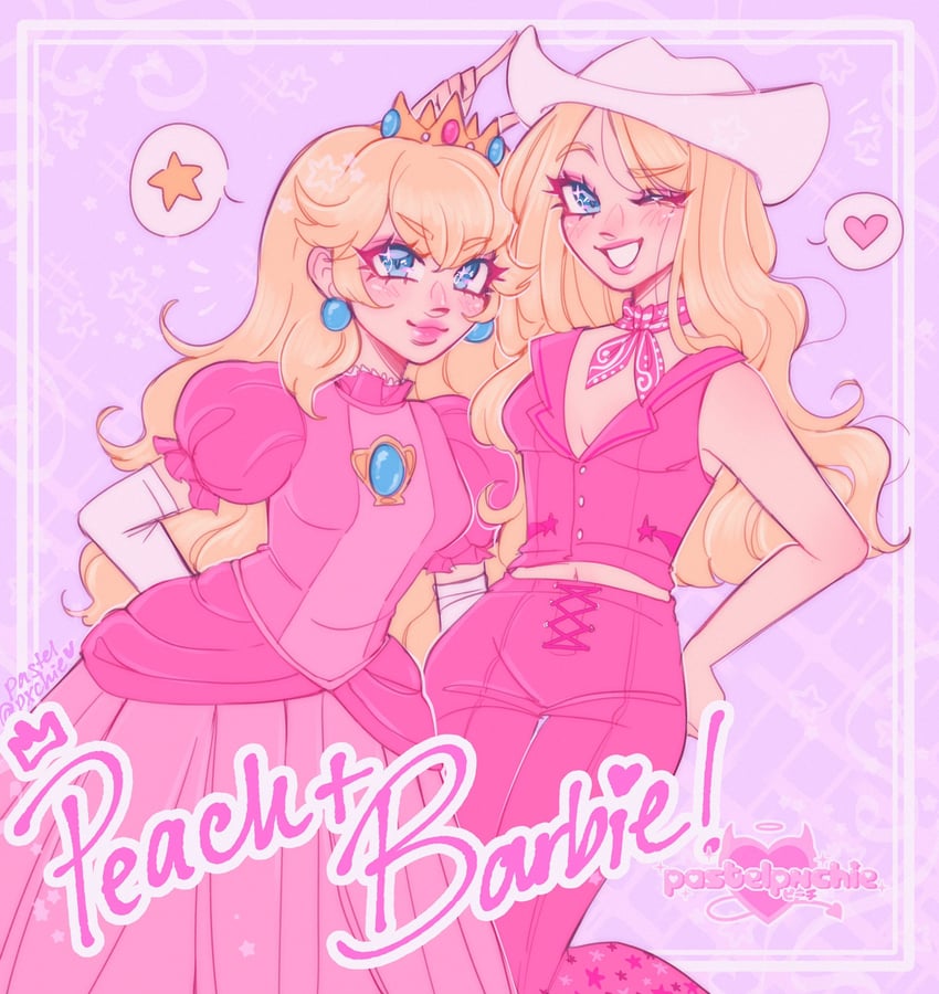 princess peach, barbie, and stereotypical barbie (mario and 1 more) drawn by pastelpxchie