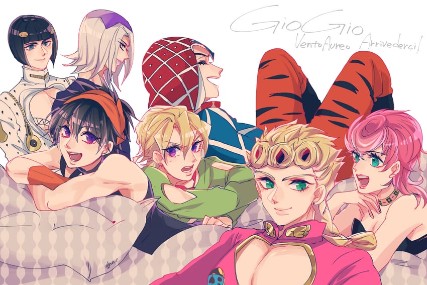 giorno giovanna, bruno bucciarati, guido mista, narancia ghirga, pannacotta fugo, and 2 more (jojo no kimyou na bouken and 1 more) drawn by kogatarou
