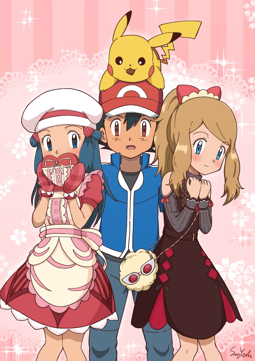 pikachu, ash ketchum, dawn, and serena (pokemon and 3 more) drawn by sungyeah