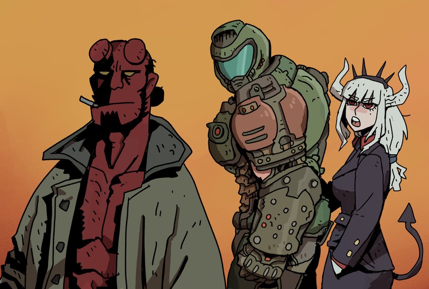 lucifer, doomguy, and hellboy (helltaker and 3 more) drawn by ho-uja
