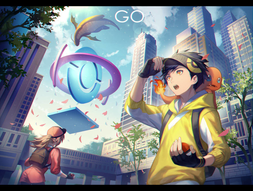 charmander, dragonite, female protagonist, and male protagonist (pokemon and 1 more) drawn by yamakawa