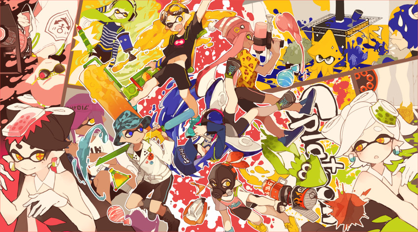 inkling player character, inkling girl, callie, marie, and inkling boy (splatoon) drawn by akina422
