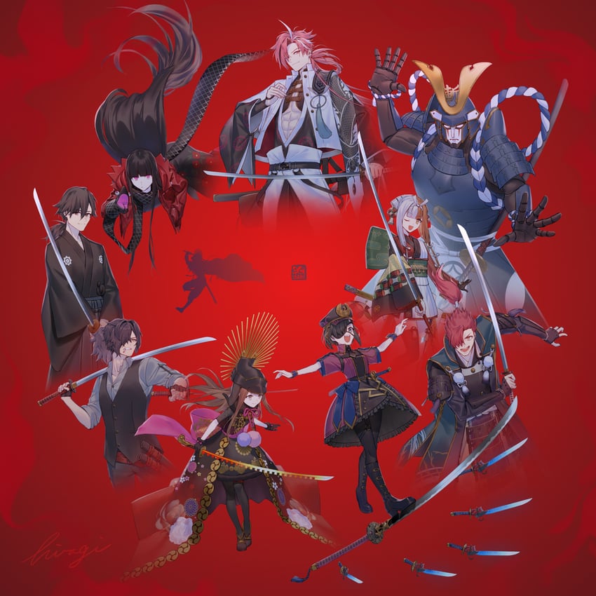 oda nobunaga, okada izou, oryou, sakamoto ryouma, chacha, and 5 more (fate and 1 more) drawn by hiiragi_(karashriker)