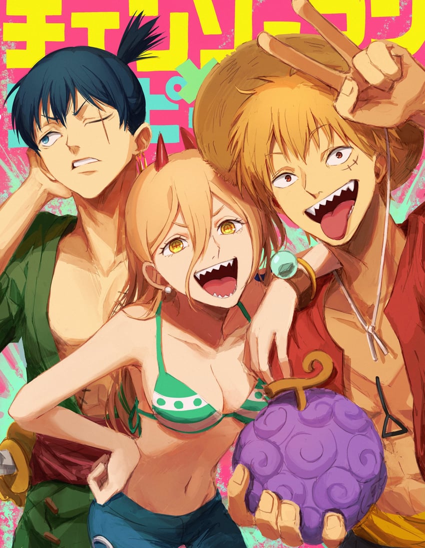 nami, monkey d. luffy, power, denji, roronoa zoro, and 1 more (one piece and 1 more) drawn by oekakiboya