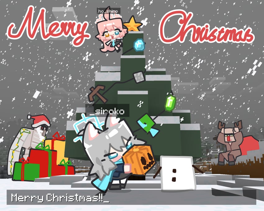 shiroko, hoshino, villager, iron golem, and snow golem (blue archive and 1 more) drawn by ishikoro24