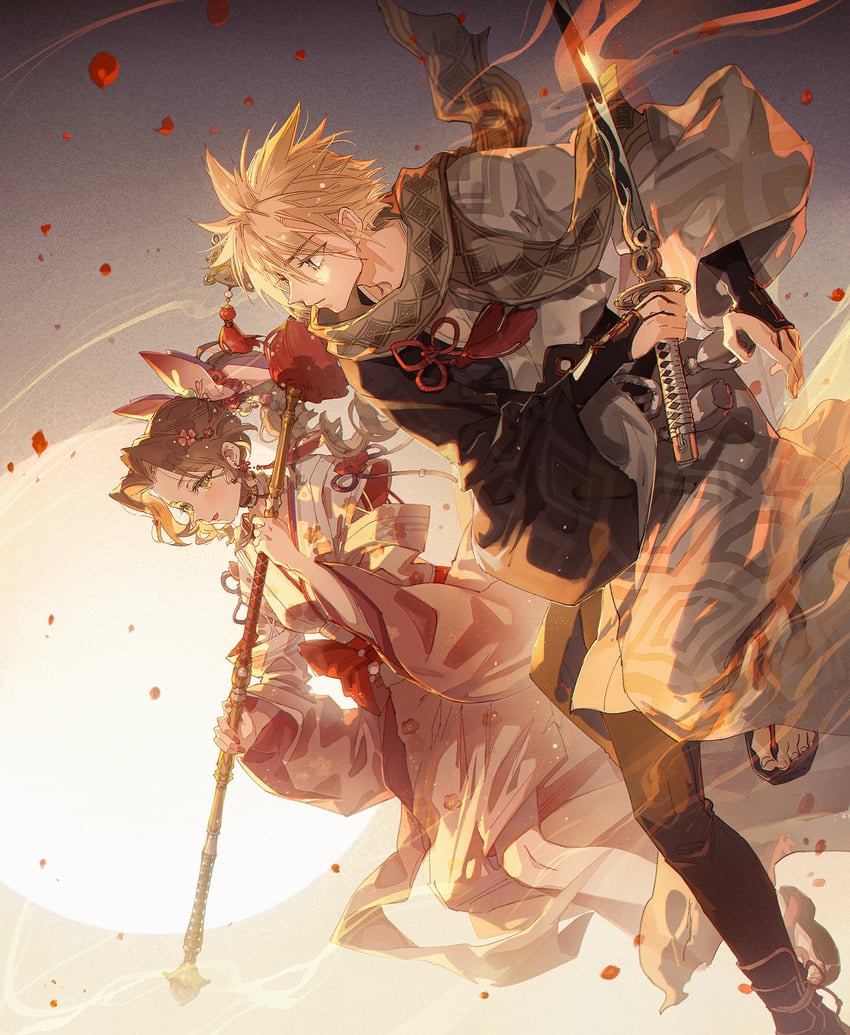 cloud strife and aerith gainsborough (final fantasy and 3 more) drawn by kieta