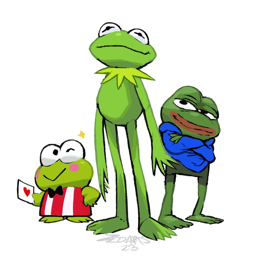 pepe the frog, hasunoue keroppi, and kermit the frog (sanrio and 4 more) drawn by zeoarts