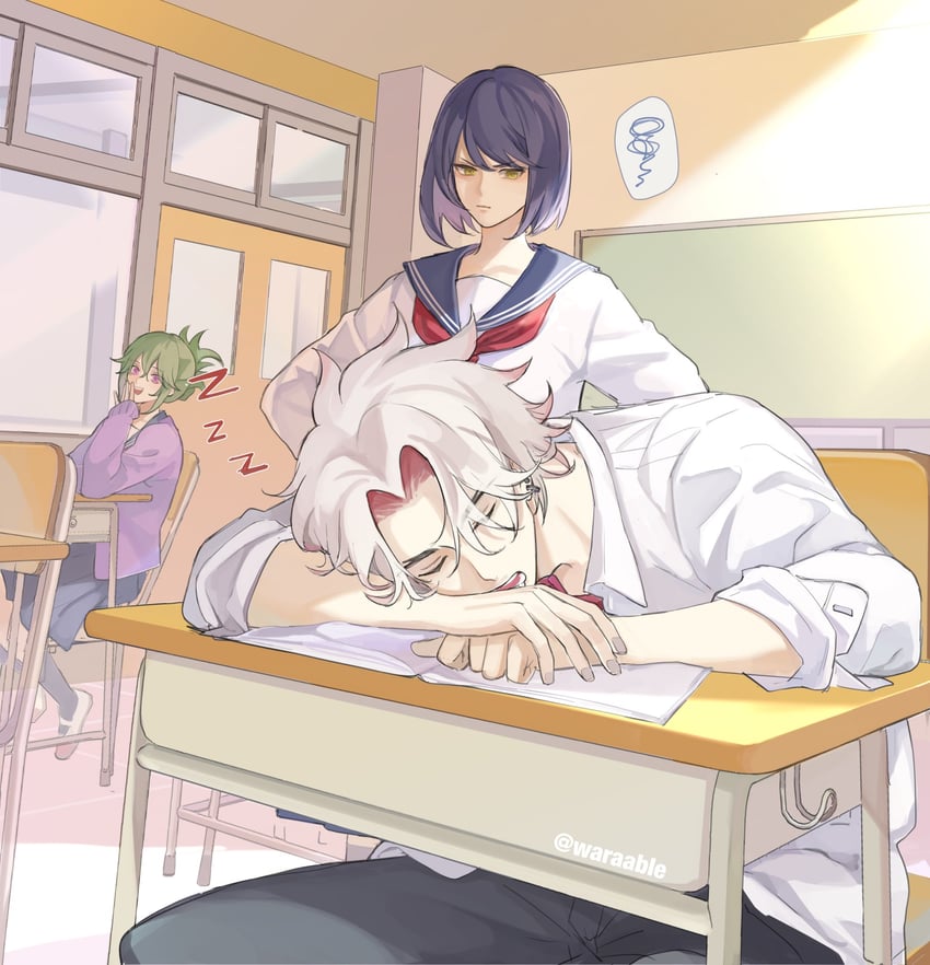 kujou sara, kuki shinobu, and arataki itto (genshin impact) drawn by warable
