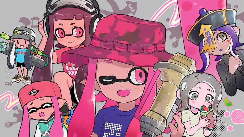 inkling player character, inkling girl, octoling player character, and octoling girl (splatoon) drawn by ogi_no_hi