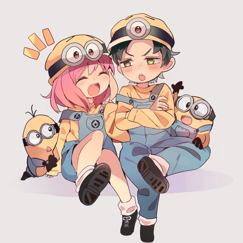 anya, damian desmond, minion, bob, and kevin (spy x family and 1 more) drawn by yupo_0322