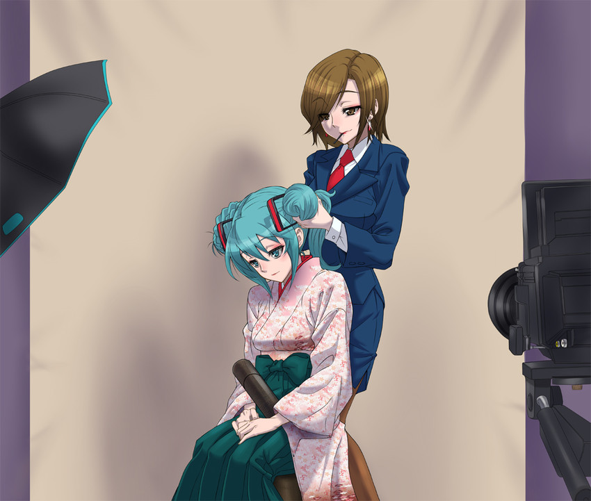 hatsune miku and meiko (vocaloid) drawn by hirabaru_kenji