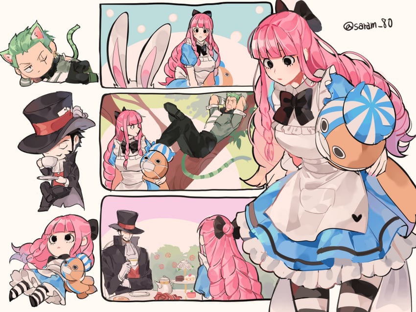roronoa zoro, alice, perona, cheshire cat, dracule mihawk, and 2 more (one piece and 1 more) drawn by joman