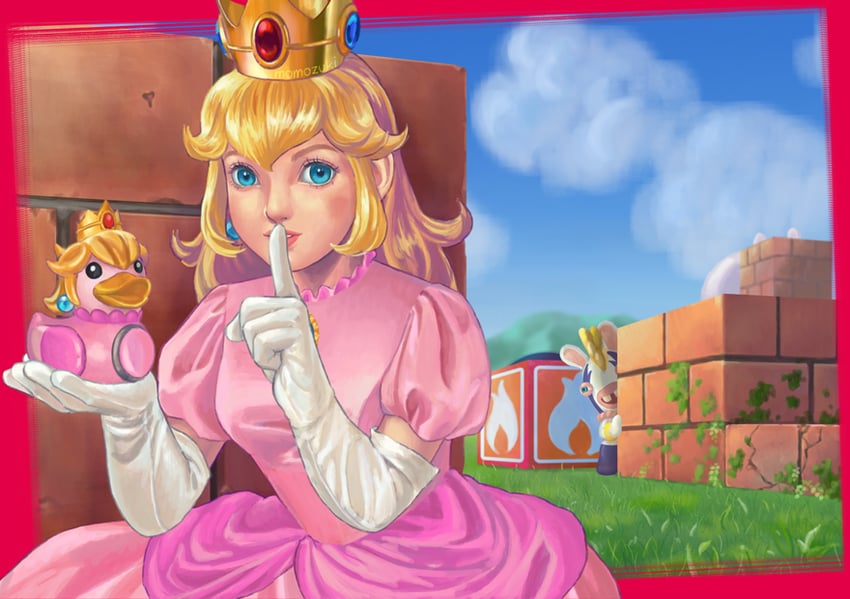 princess peach, rabbid, and garden ziggy (mario and 2 more) drawn by momozuki_255