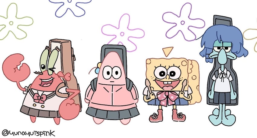 gotoh hitori, kita ikuyo, ijichi nijika, yamada ryo, spongebob squarepants, and 3 more (bocchi the rock! and 1 more) drawn by yunayuispink