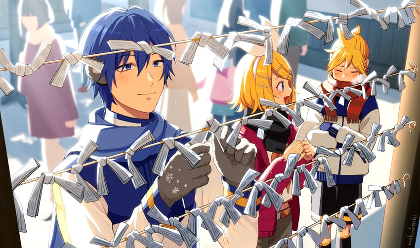 kagamine rin, kagamine len, and kaito (vocaloid) drawn by nokuhashi