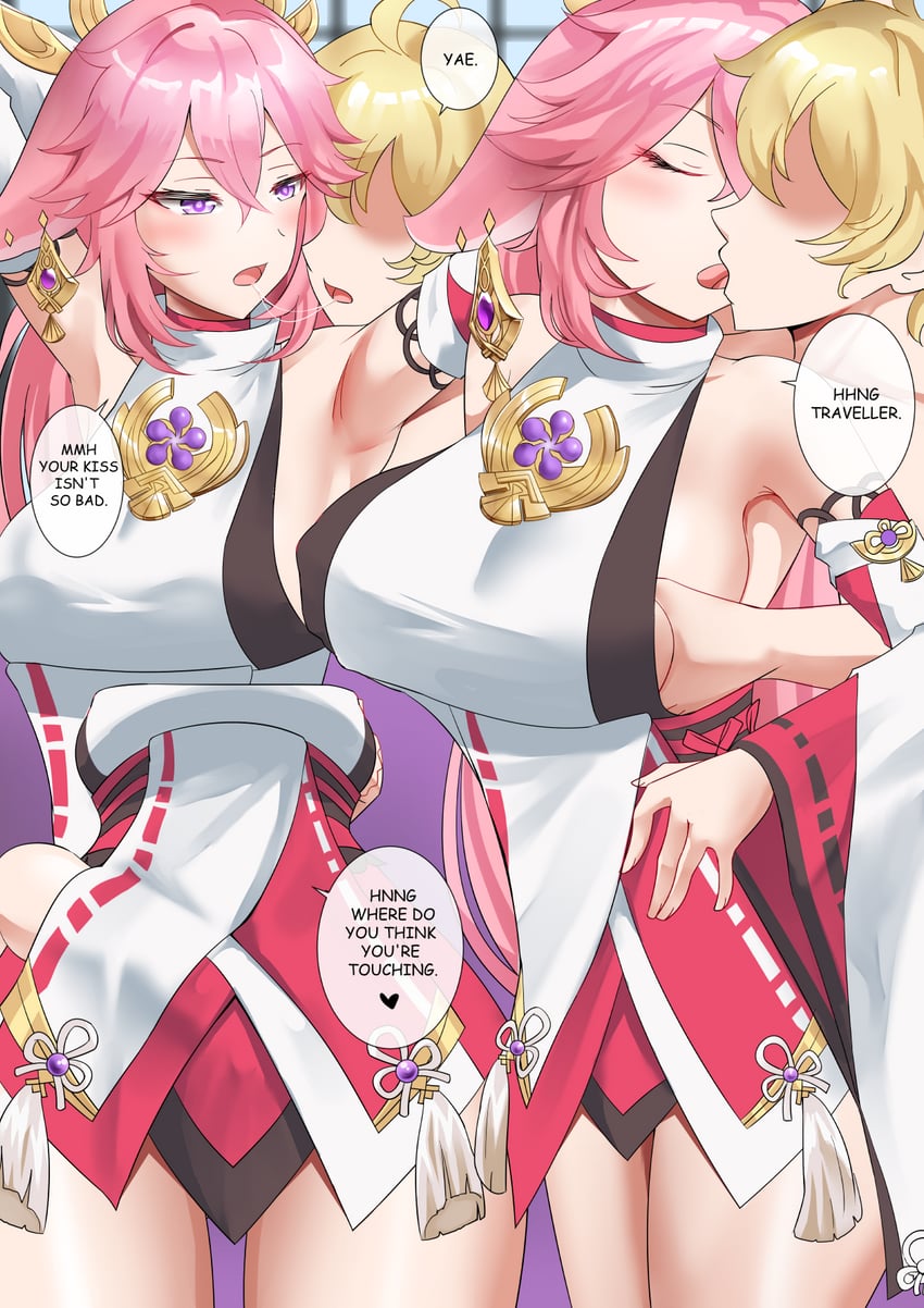 aether and yae miko (genshin impact) drawn by springveiv