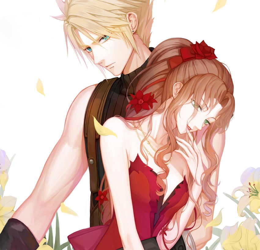 cloud strife and aerith gainsborough (final fantasy and 2 more) drawn by yaoko