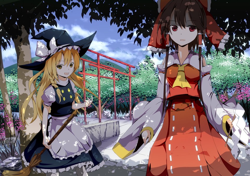 hakurei reimu and kirisame marisa (touhou) drawn by hidaka_kouyou