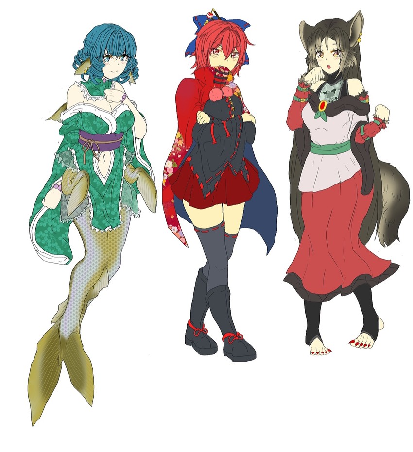 imaizumi kagerou, sekibanki, and wakasagihime (touhou) drawn by kurouba