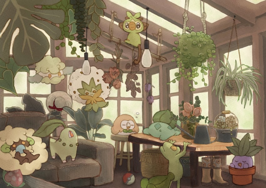 rowlet, bulbasaur, chikorita, grookey, treecko, and 4 more (pokemon) drawn by amano_sizuku