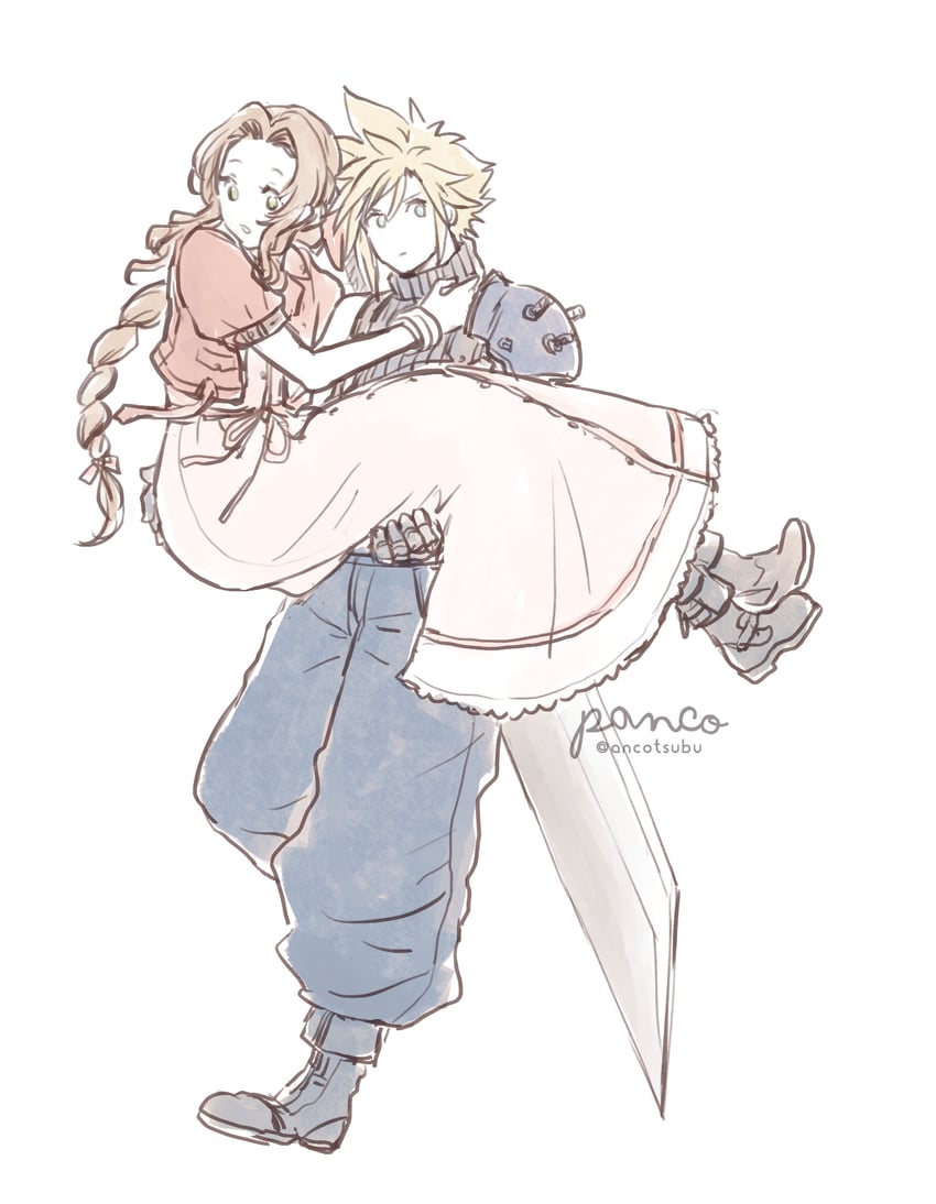 cloud strife and aerith gainsborough (final fantasy and 2 more) drawn by ancotsubu
