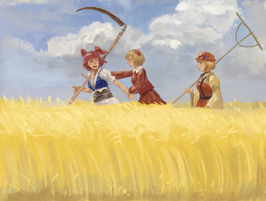 onozuka komachi, aki minoriko, and aki shizuha (touhou and 1 more) drawn by amibazh