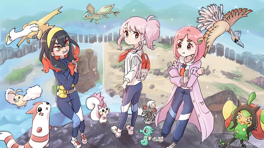 juliana, carmine, latias, pachirisu, flygon, and 7 more (pokemon and 1 more) drawn by mocha_fushigi