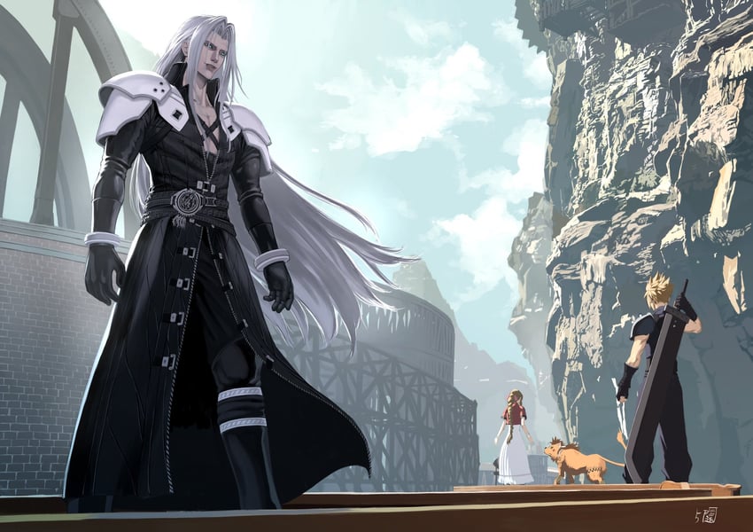 cloud strife, aerith gainsborough, sephiroth, and red xiii (final fantasy and 3 more) drawn by 5tatsu