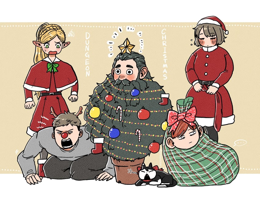 marcille donato, falin touden, laios touden, senshi, and chilchuck tims (dungeon meshi) drawn by janbanclear