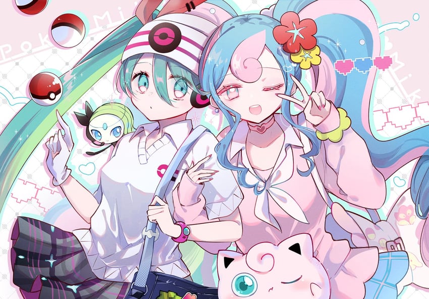 hatsune miku, jigglypuff, meloetta, fairy miku, and psychic miku (pokemon and 2 more) drawn by xkcnsx